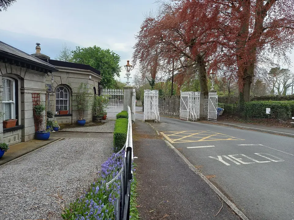 Entrance to the Phoenix Park from the Knockmaroon Road Gate. interior view of the left hand entrance by the gate lodge. April 2022.
