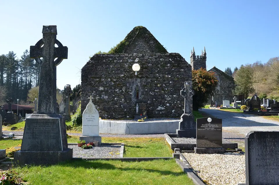 The older St Gobnait's (Gobnet's) church on the site of St Gobnait's Shrine in Ballyvourney, viewed from the East with the Church of Ireland building visible in the background.
