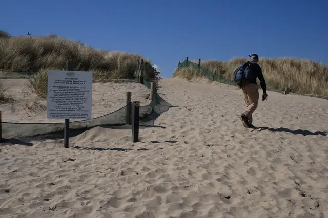 Beach exit Exit from beach to car park at N. end of The Raven nature reserve.