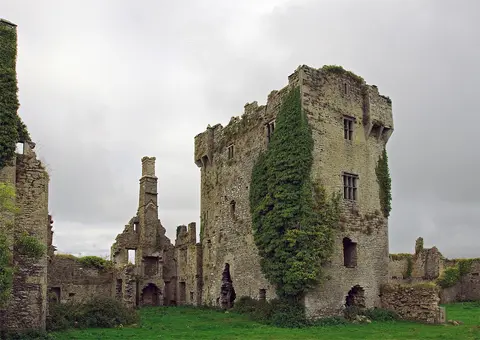 Castles of Munster: Ballygrennan, Limerick (2) The castle ruins showing the tower, and the remains of a later C17 house.