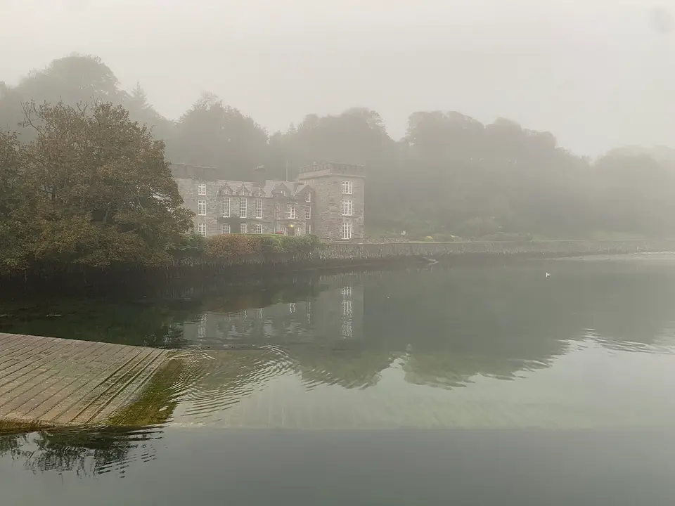 View of Castletownshend Castle, from the quay, in the mist.
