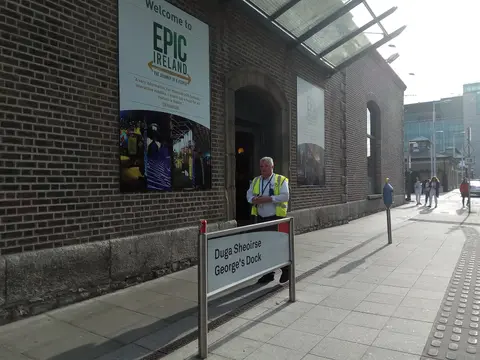 George's Dock (Duga Sheoirse), CHQ building with Epic Ireland museum, Dublin