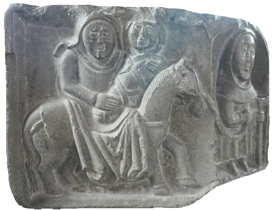 Clonard, County Meath, Ireland Detail of a baptismal font from the 15th or 16th century at the Church of St. Finian in Clonard. The two panels depict the Flight into Egypt.