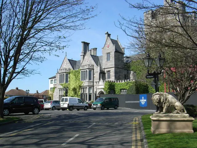 Clontarf Castle, near to Clontarf, Marino, Artane and Dollymount, Dublin, Ireland. Close up view of Clontarf Castle. Currently in use as a hotel, it was originally built in 1172.