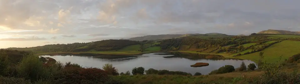A panorama of Colgagh Lough near Sligo, Ireland, at sunset.