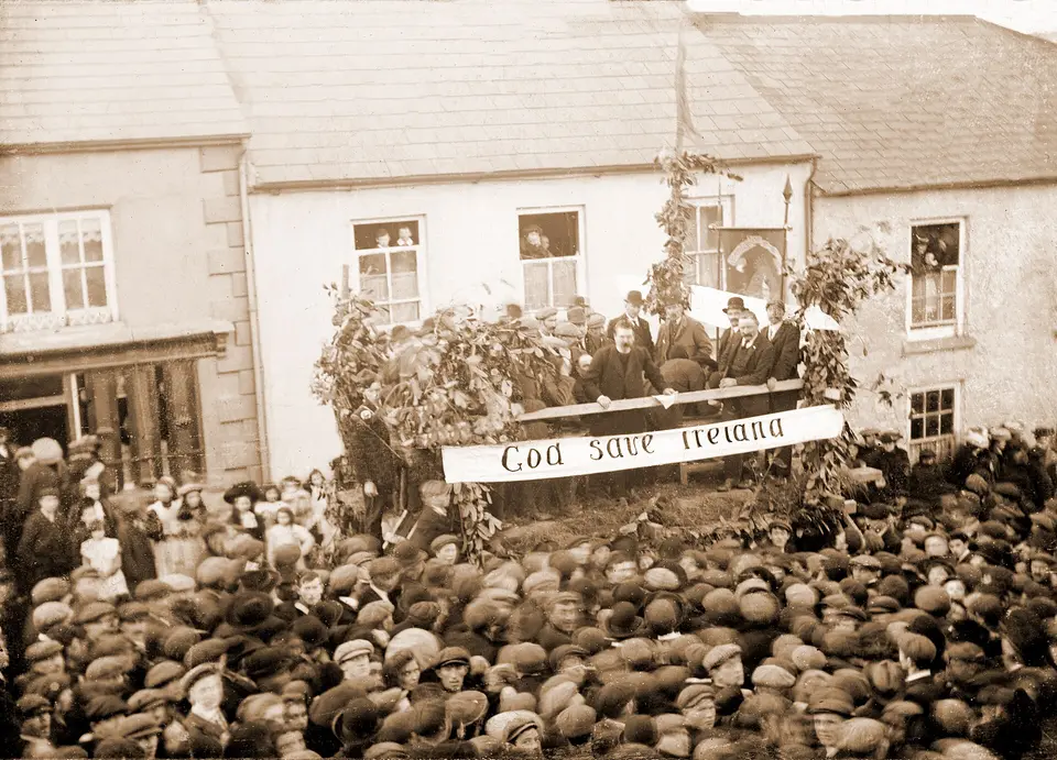 Image of D. D. Sheehan addressing a large rally during an election campaign for the All-for-Ireland Party in 1910, at Newmarket, County Cork Ireland.