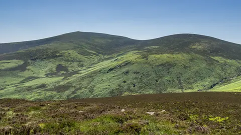 Djouce Mountain (left) and War Hill (right) seen from the summit of Maulin, Wicklow Mountains, County Wicklow, Ireland