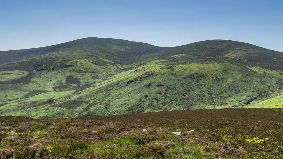 Djouce Mountain (left) and War Hill (right) seen from the summit of Maulin, Wicklow Mountains, County Wicklow, Ireland
