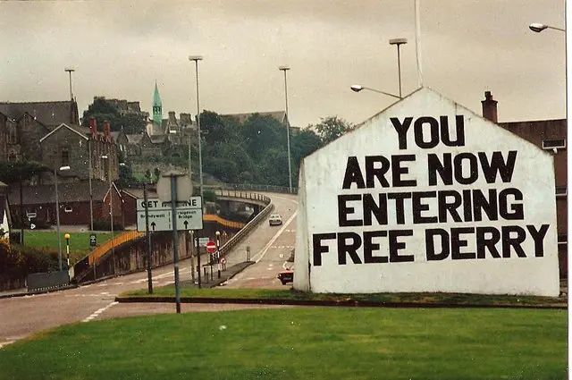 Free Derry Corner. Originally at the corner of Lecky Road and Fahan Street,the slogan being first painted by John Casey in 1969. [1]