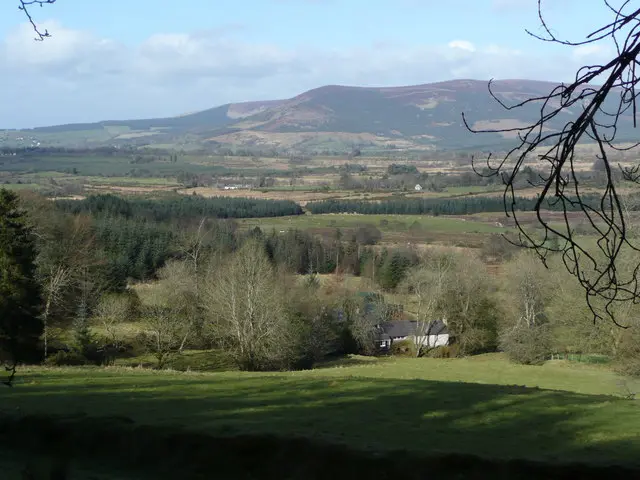 Glen of Imail A fine view over wooded countryside in western County Wicklow. Sugarloaf and Lobawn are the hills ranged in the distance. In the foreground is Ballinabarney Farm.