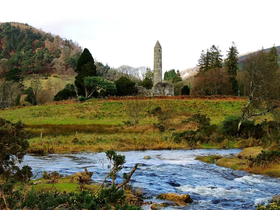 Glendalough Round Tower viewed from the path to the Upper Lake