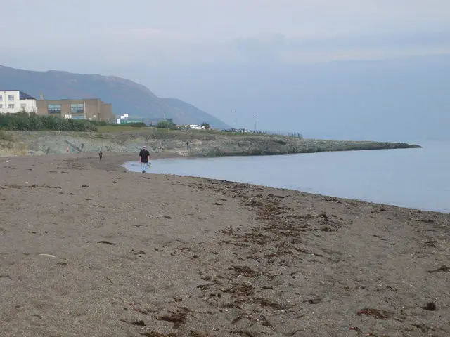 Greystones South beach at Greystones. The grey rocks which gave the town its name can be seen nearer the town and Bray Head beyond.