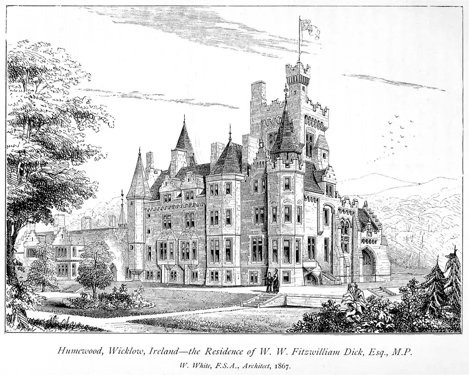 Illustration of Humewood Castle, Kiltegan, County Wicklow, Ireland from A History of the Gothic Revival page 362 by Charles Eastlake, published by Longman, Green and Co, London