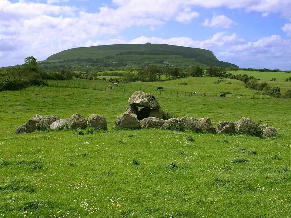Knocknarea with a Carrowmore tomb in the foreground.