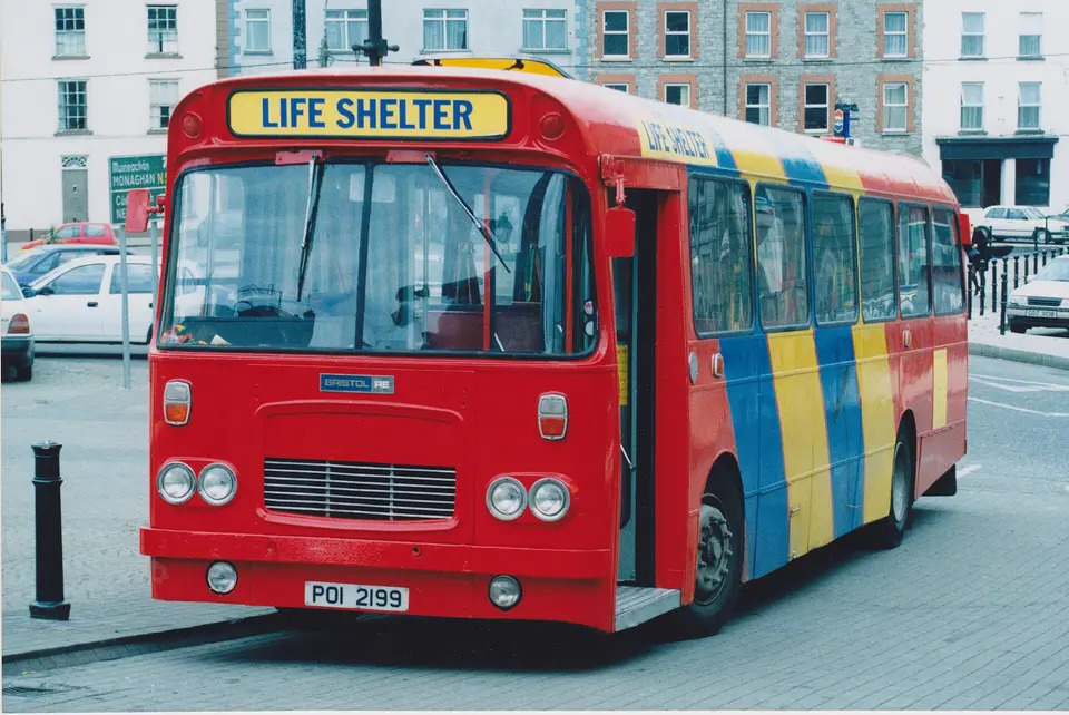 Ex Citybus RELL POI2199 is seen in the border town of Clones County Monaghan in use with a Church group spreading the good news from our Lord Jesus Christ.