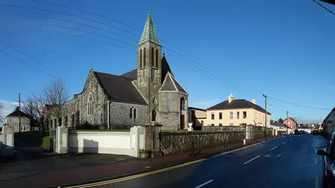 Church and main street of Lisdoonvarna, Clare county, Ireland.