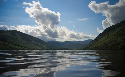 Lough Dan - reflections. Looking southeast over the lake from the disputed right-of-way