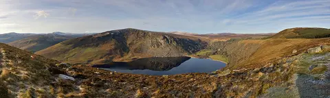 A panoramic view of Lough Tay in County Wicklow in Ireland.