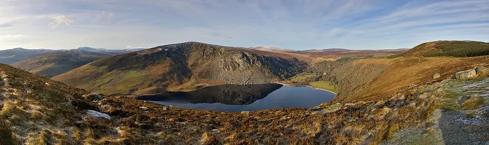A panoramic view of Lough Tay in County Wicklow in Ireland.