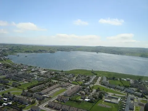Aerial view over Loughrea town toward lake