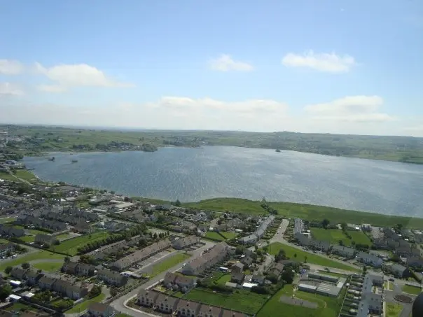 Aerial view over Loughrea town toward lake