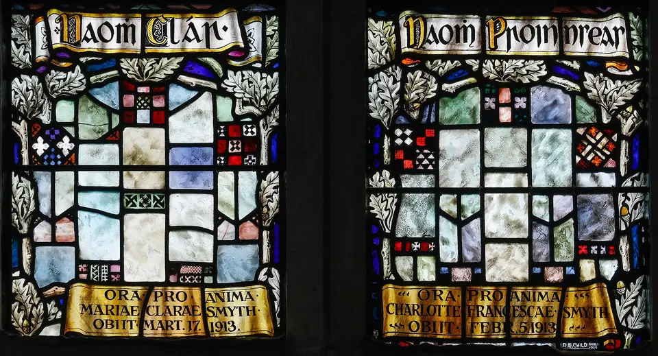 Loughrea St. Brendan's Cathedral East Transept “Naoṁ Clár” & “Naoṁ Proinnseas” by Alfred Ernest Child Detail Lower Panels 2019 09 05