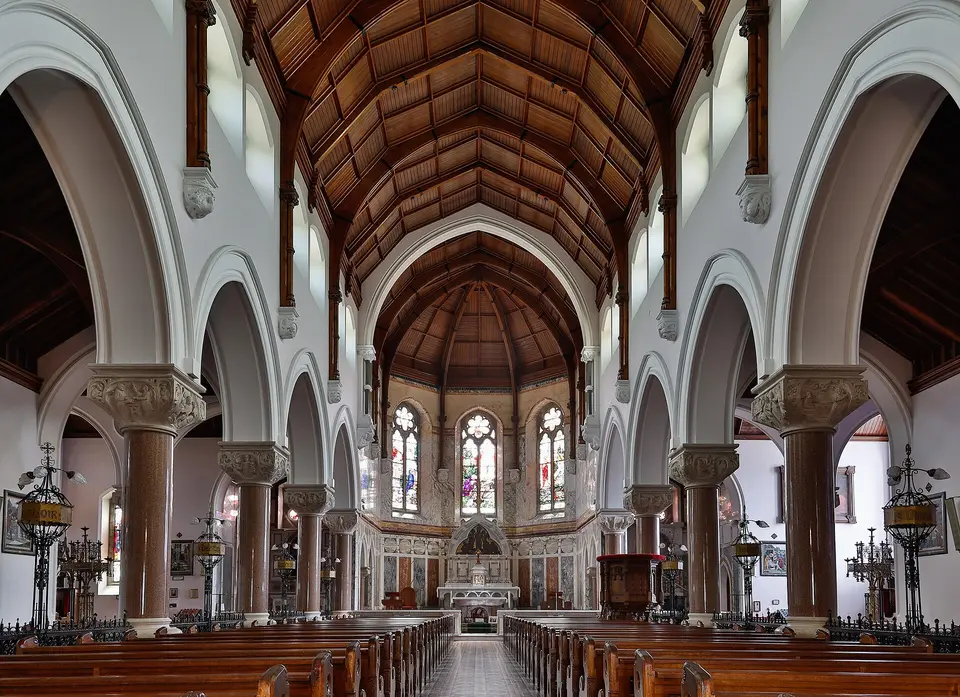 Nave of St. Brendan's Cathedral, looking south (liturgically east) towards the main altar.