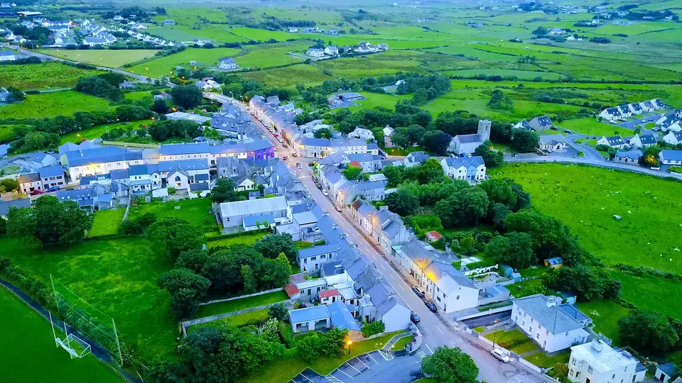 An aerial view of Louisburgh in the evening light.