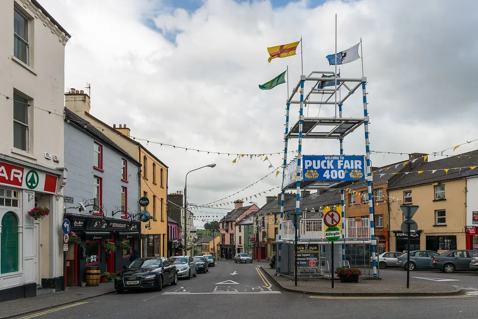 A view of Lower Bridge Street in Killorglin. The puck fair display is visible in the center