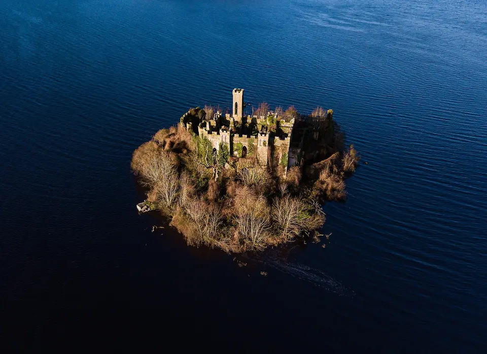 McDermott's Castle is a castle and National Monument located in County Roscommon, Ireland. An aerial view.