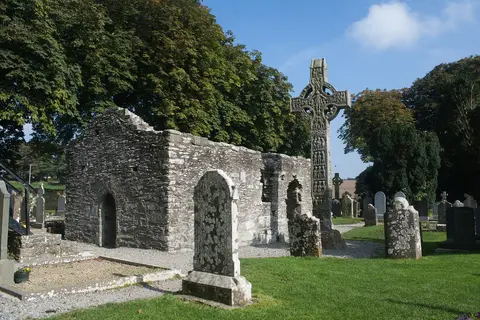 South-west view of the north church along with the west face of the west cross. This is part of the ensemble that is protected as national monument #94 in state care.