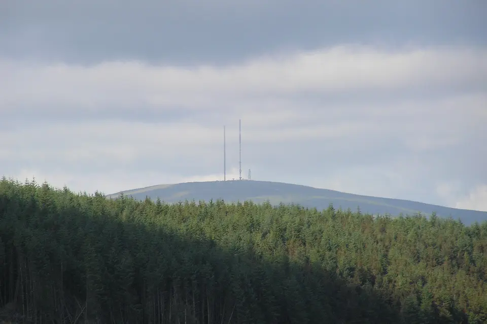 View of Mullaghanish taken from the Foil road near the Top of Coom. Replacement of the old mast is underway as part of Ireland's digital switchover to DTT to be completed by 2012.