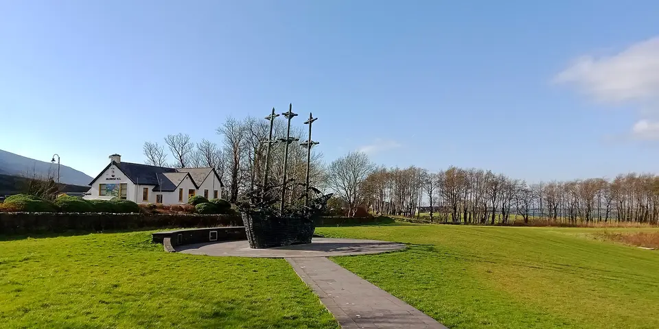 National Famine Memorial in Murrisk depicting a sailing ship and emaciated people