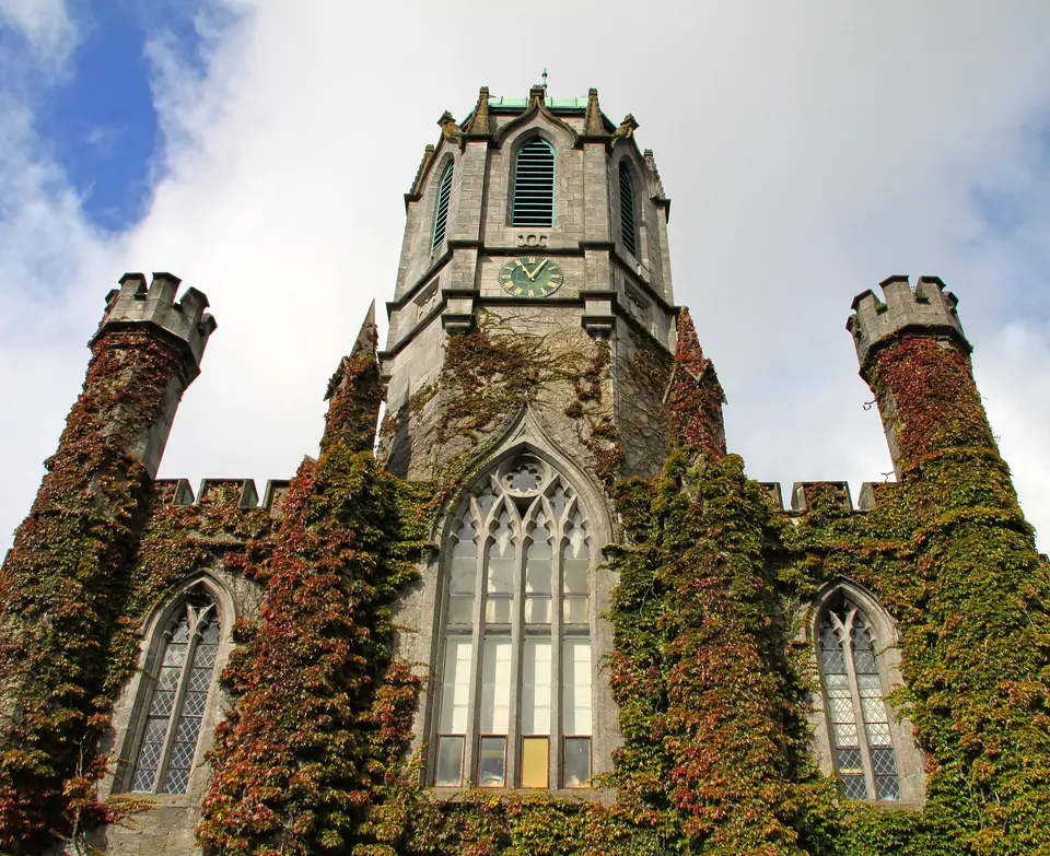 Ivy growing on the national university of Galway building, Ireland .