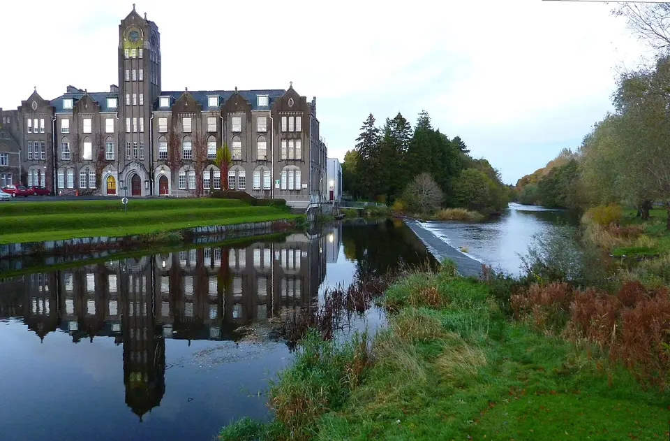 A view of Newbridge College and weir over River Liffey