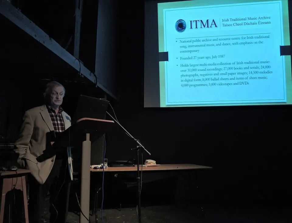 Nicholas Carolan, Director Emeritus of the Irish Traditional Music Archive, holding a lecture at the "Craiceann Bodhrán Festival" 2014