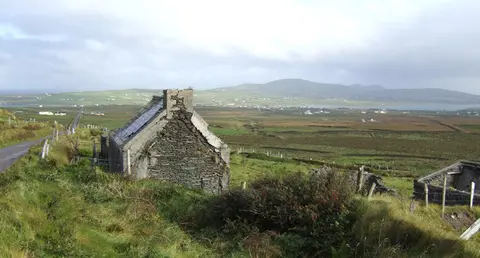 Old cottage at Coonanaspig The view north is to the high point of Valentia Island - Geokaun, at 266m. elevation.