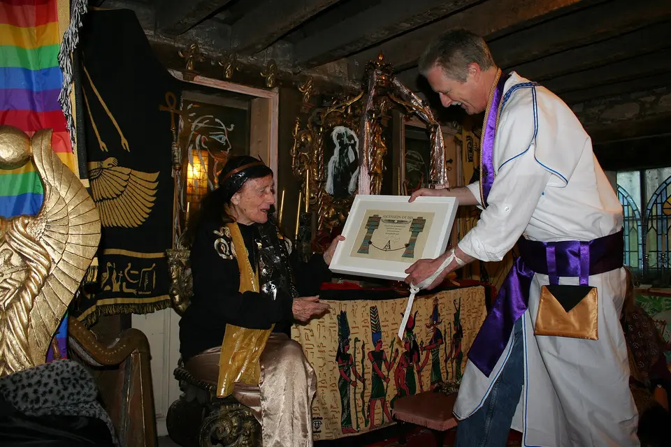Lady Olivia Robertson is conferred as an Honorary Ascendi of the Ascension Of Isis by Reverend David de Roeck at the Temple Of Isis, Clonegal Castle, Carlow, Ireland