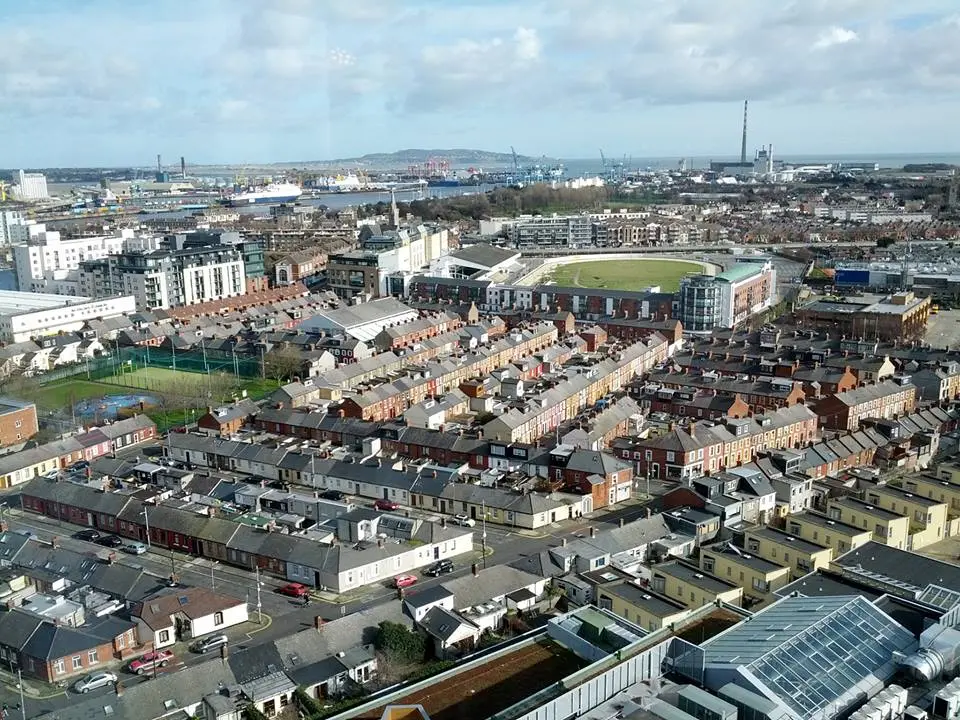 View of Ringsend showing Shelbourne Park greyhound racing stadium from the top floor of the Montevetro building
