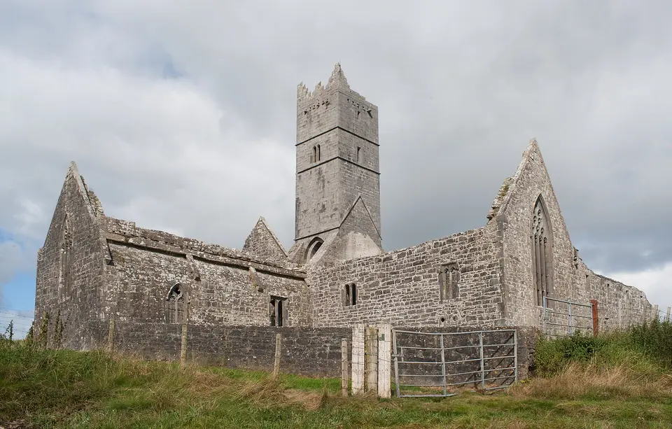 South-east view of Rosserk Friary. From left to right: south transept, tower, choir with east window, dormitory.