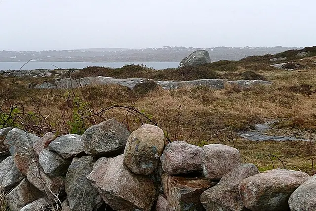 Rough land at Tír an Fhia (Teeranea) The east end of Garmna (Gorumna) island, with An Cheathrú Rua Theas (Carraroe South) across Cuan an Fhir Mhóir (Greatman's Bay).