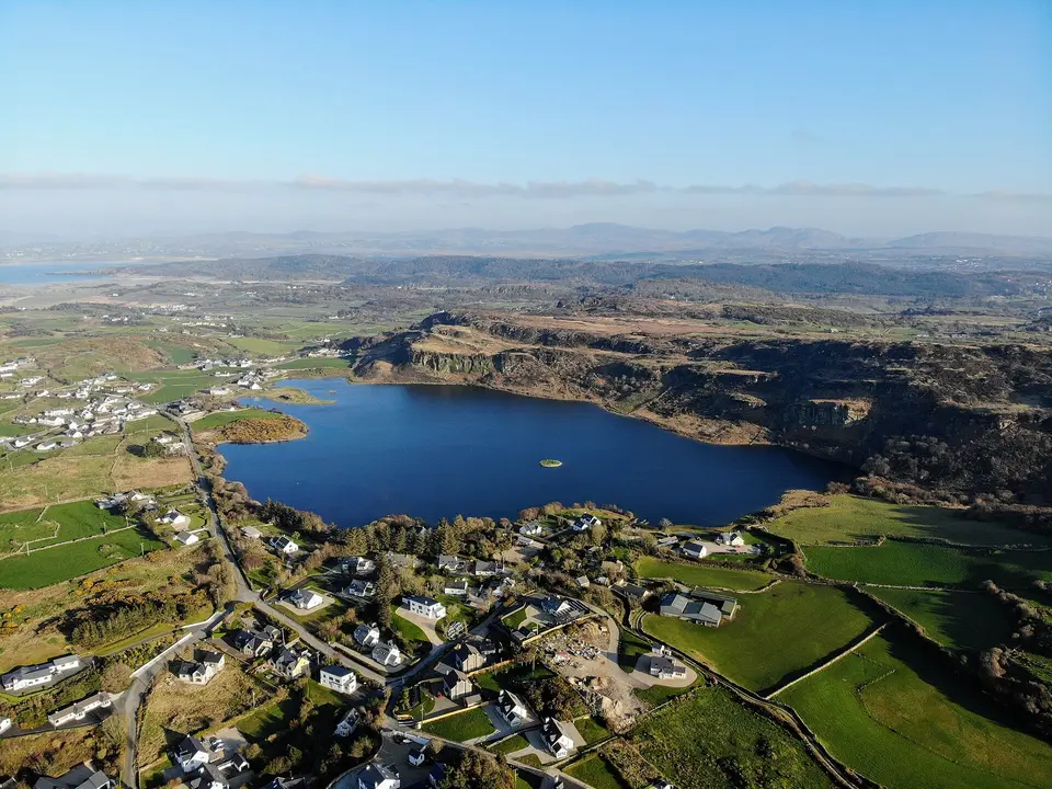 Drone photo of Sessiagh Lake which has a Crannog
