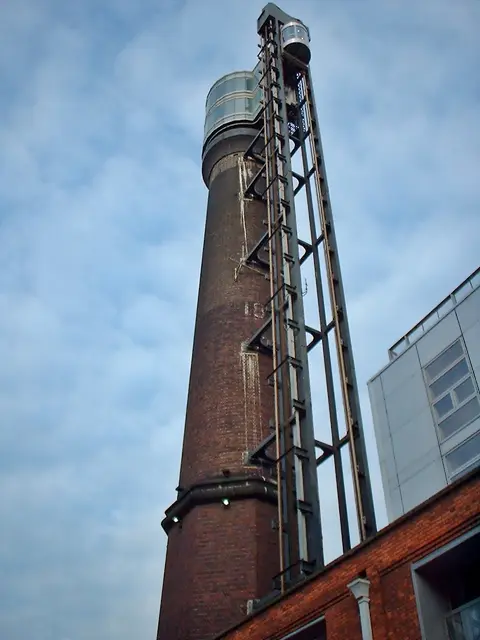 Chimney in Smithfield market, Dublin, Ireland showing observation deck and lift/elevator.