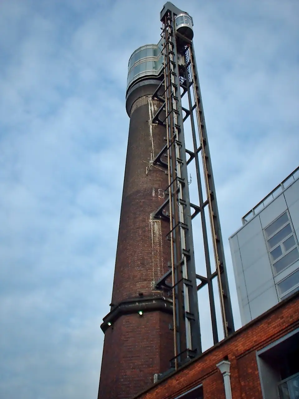 Chimney in Smithfield market, Dublin, Ireland showing observation deck and lift/elevator.