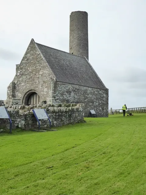 St Caimin's Church and the Round Tower on Inis Cealtra