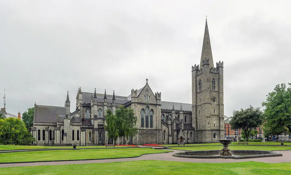 The exterior of St Patrick's Cathedral as viewed from the north-east across St Patrick's Park in Dublin, Ireland.