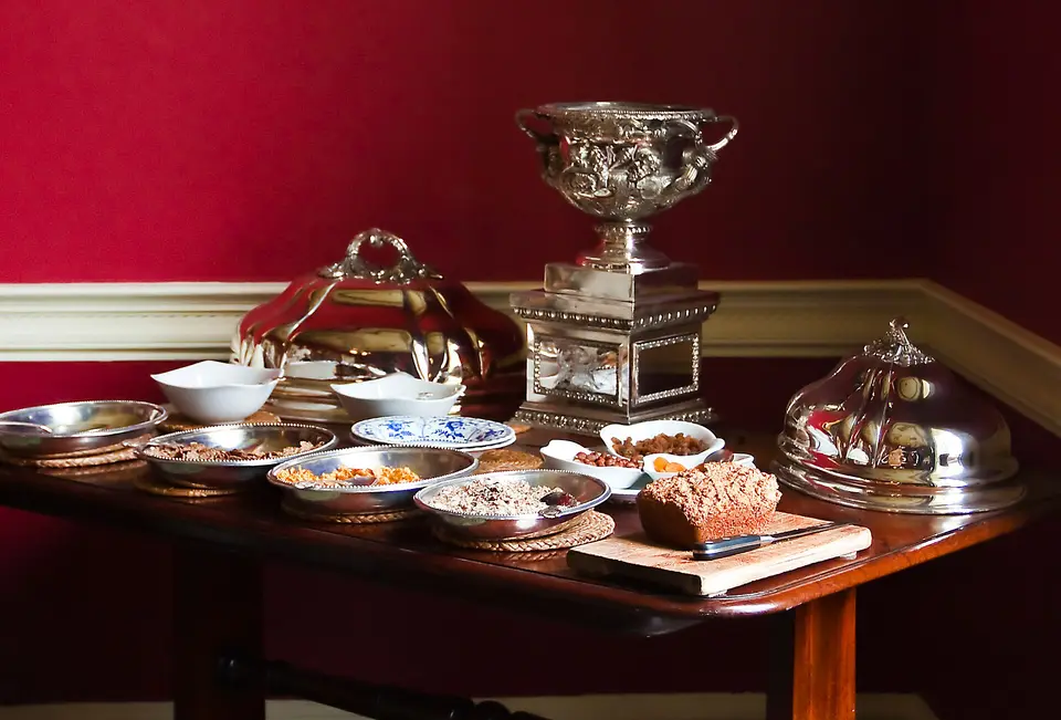 Breakfast condiments in the Dining Room - served on family silver.