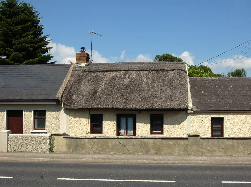 Thatched cottage on Main Street in Mooncoin, Co. Kilkenny. No. 57 in Lenehan's 1994 survey.