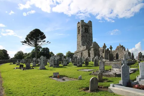 A view of the old church and graveyard on the site of the Hill of Slane on a sunny summers day
