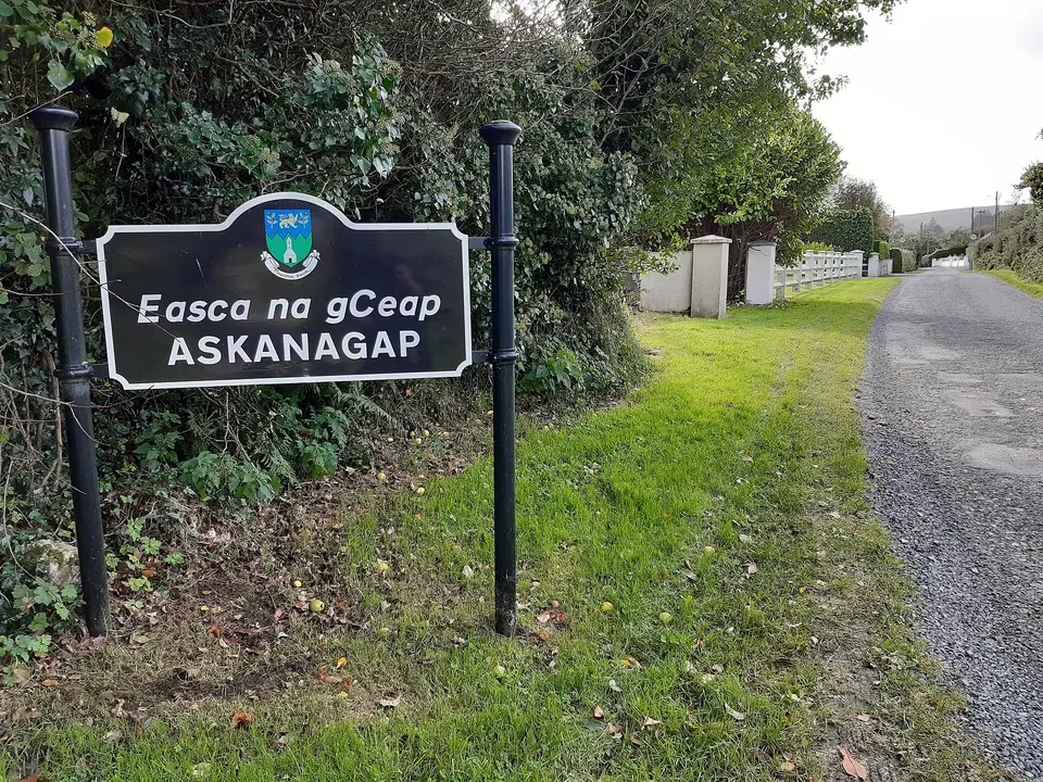 The small village of Askanagap, County Wicklow, Ireland. Ballycurragh Hill (536m) rises up behind the village to the NW.